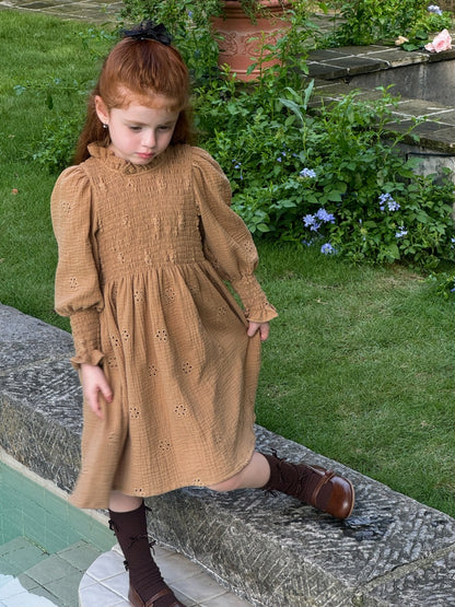 Georgia Broderie Muslin Smocked Dress, Caramel
