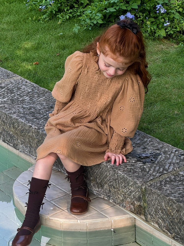 Georgia Broderie Muslin Smocked Dress, Caramel