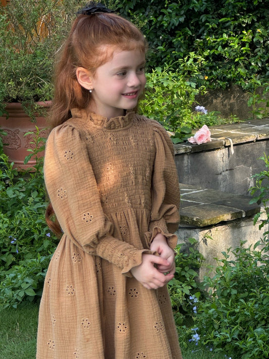 Georgia Broderie Muslin Smocked Dress, Caramel