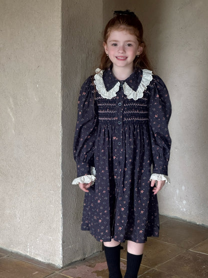 Valerie Lace Trim Smocked Dress, Navy Floral