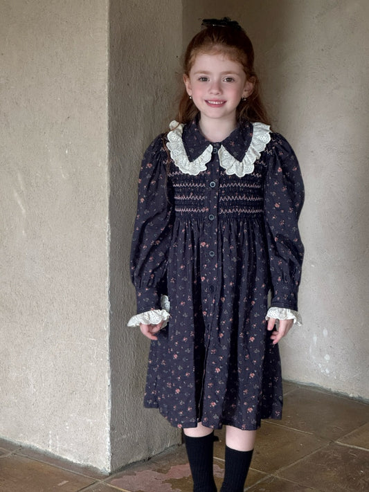 Valerie Lace Trim Smocked Dress, Navy Floral