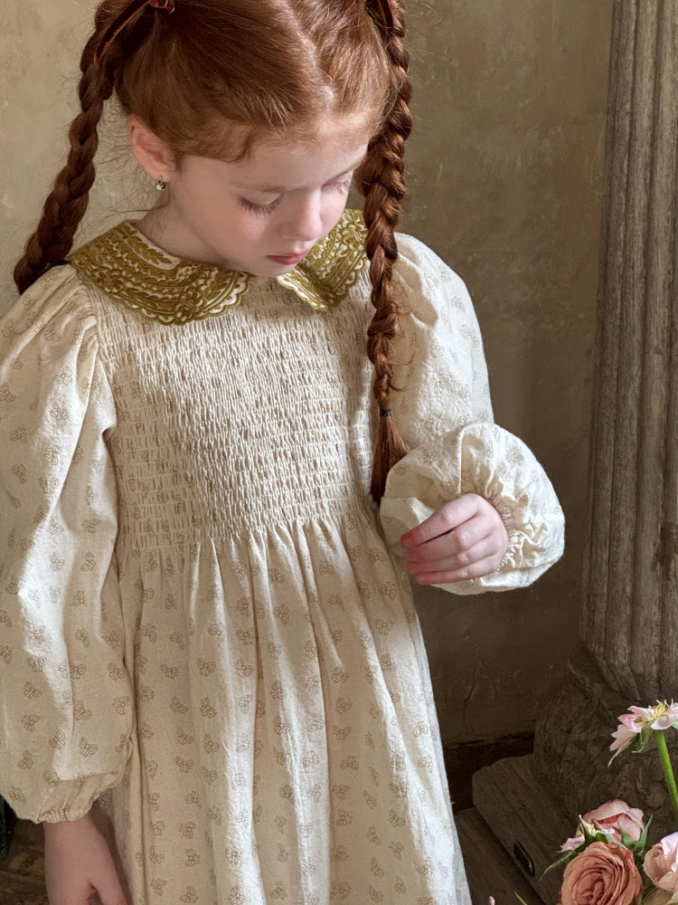 Celeste Velvet Collar Smocked Dress, Cream & Olive