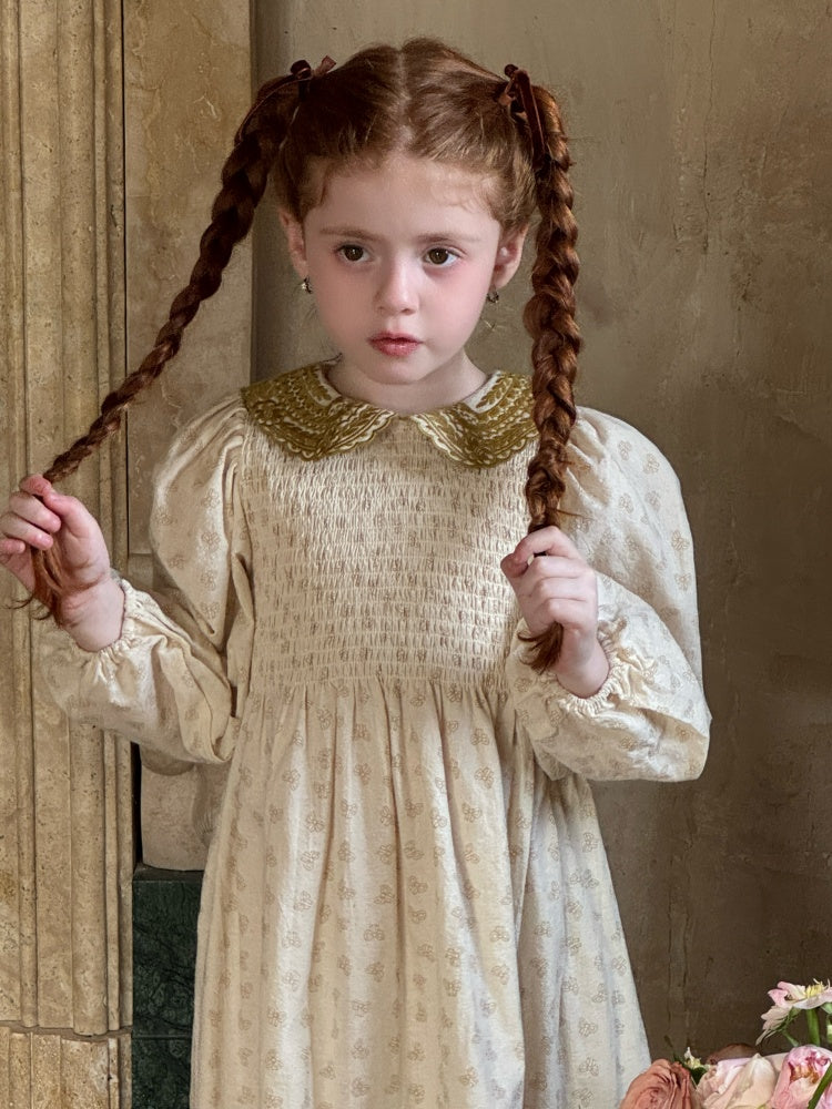 Celeste Velvet Collar Smocked Dress, Cream & Olive