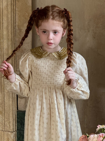 Celeste Velvet Collar Smocked Dress, Cream & Olive
