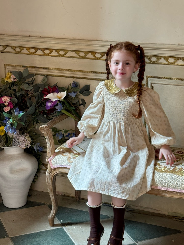 Celeste Velvet Collar Smocked Dress, Cream & Olive
