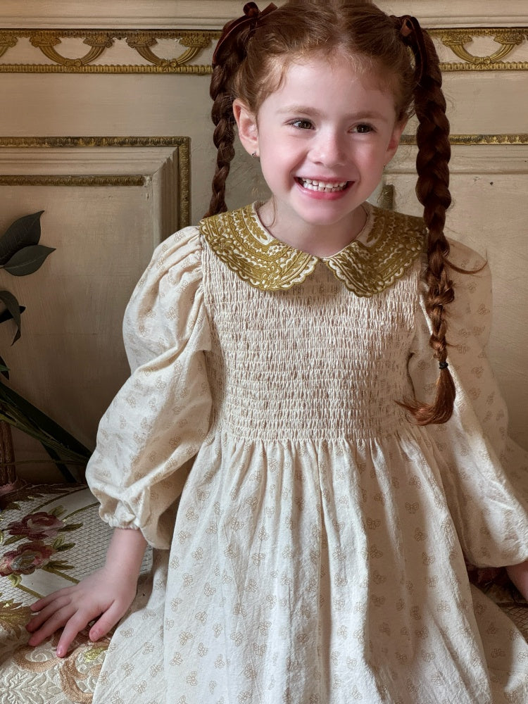Celeste Velvet Collar Smocked Dress, Cream & Olive