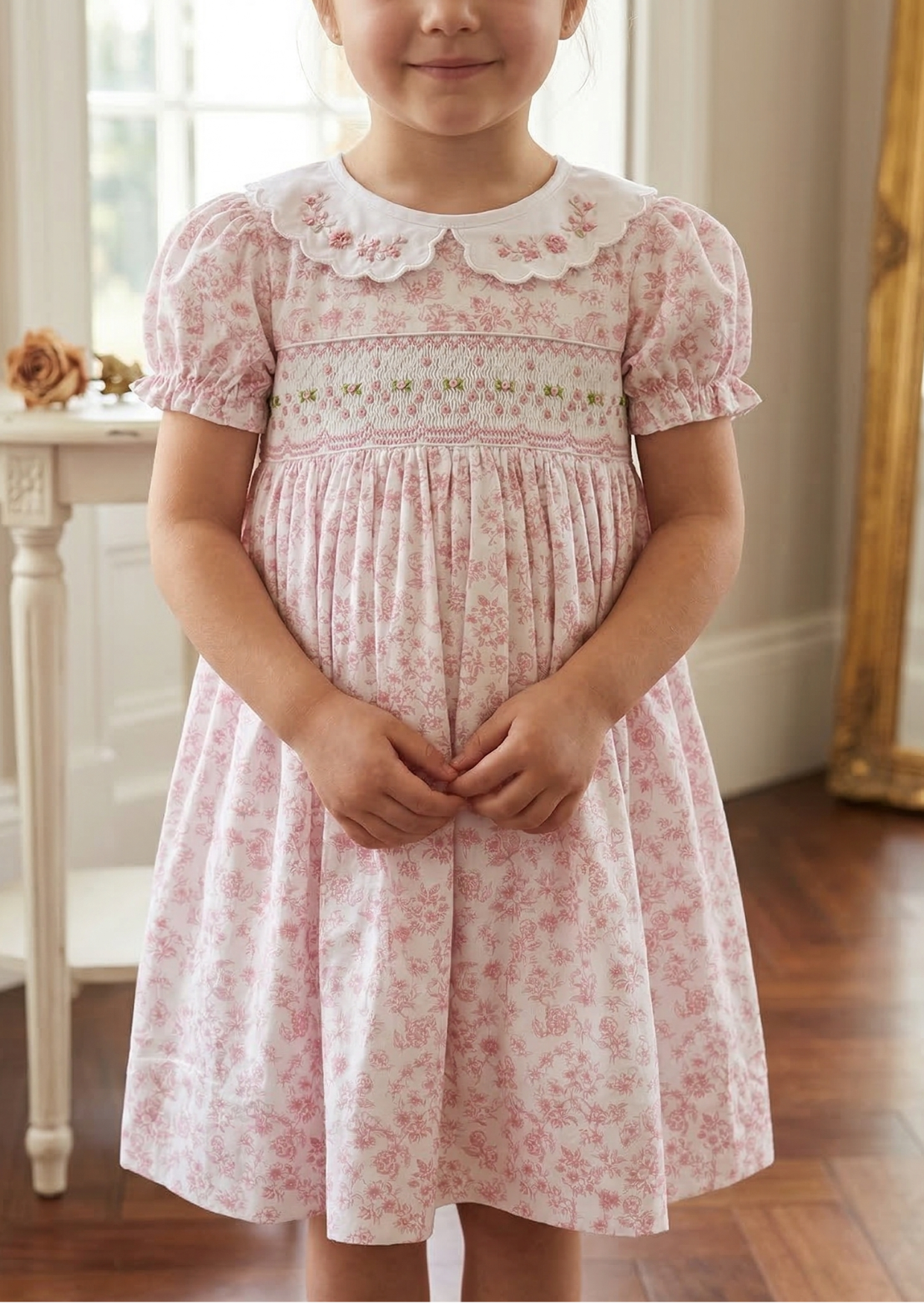 Charlotte Hand-Smocked Dress, Rose Toile