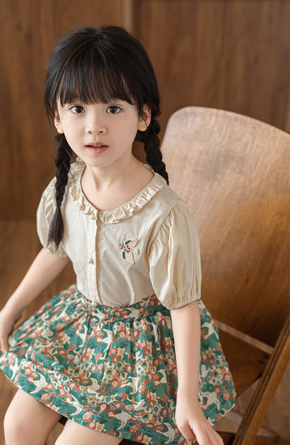 Bird Appliqué Button-Front Blouse, Pearl