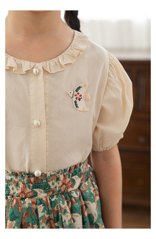Bird Appliqué Button-Front Blouse, Pearl