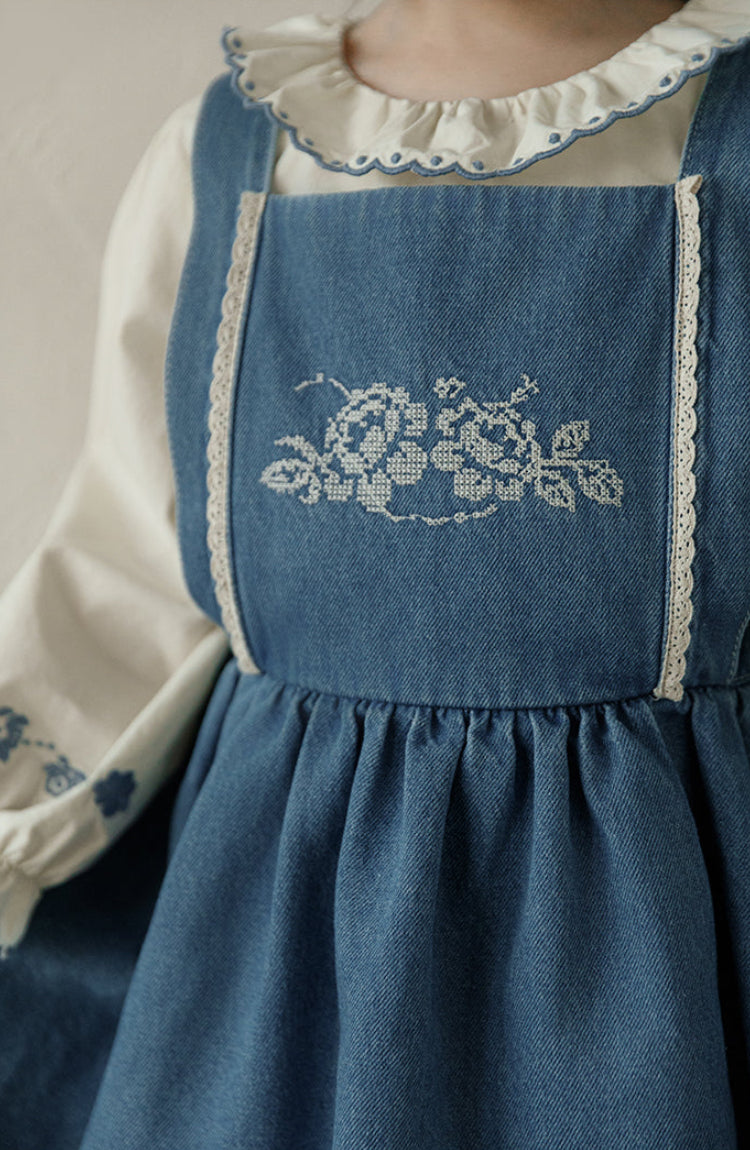 Isla Embroidered Denim Pinafore Dress, Classic Blue