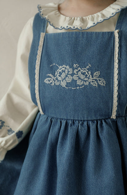 Isla Embroidered Denim Pinafore Dress, Classic Blue