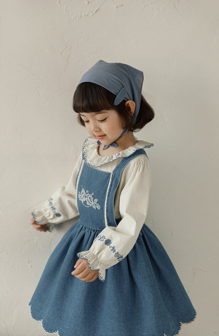Isla Embroidered Denim Pinafore Dress, Classic Blue