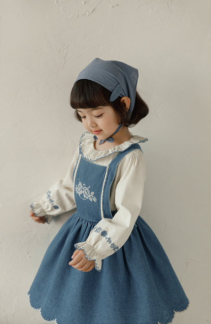 Isla Embroidered Denim Pinafore Dress, Classic Blue