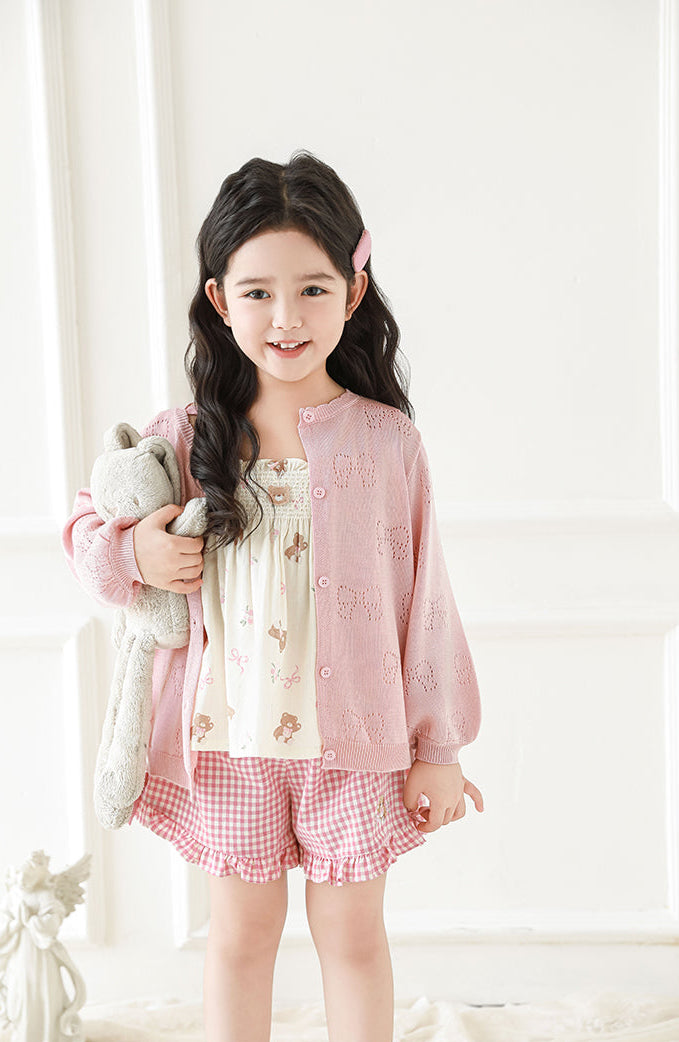 Lyocell Knit Bow Pointelle Cardigan, Blush Pink