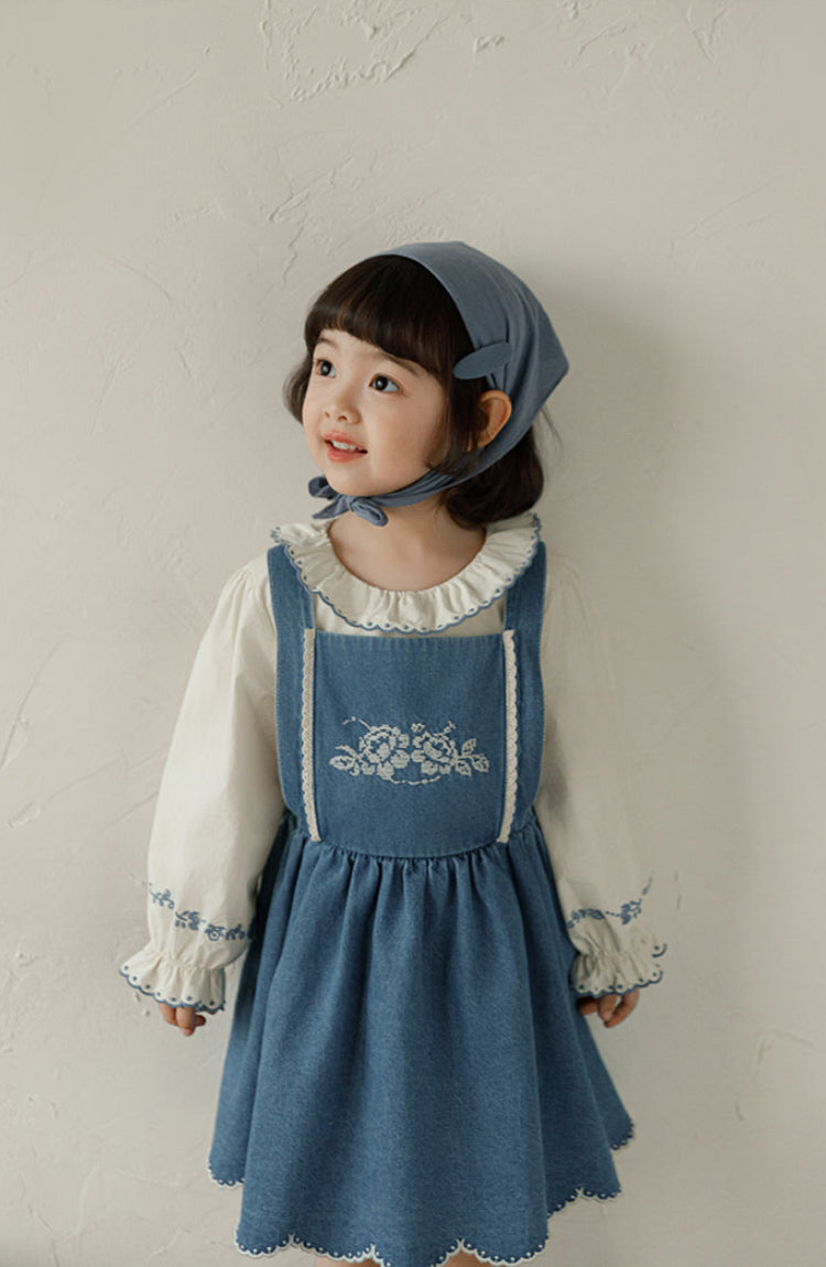Isla Embroidered Denim Pinafore Dress, Classic Blue