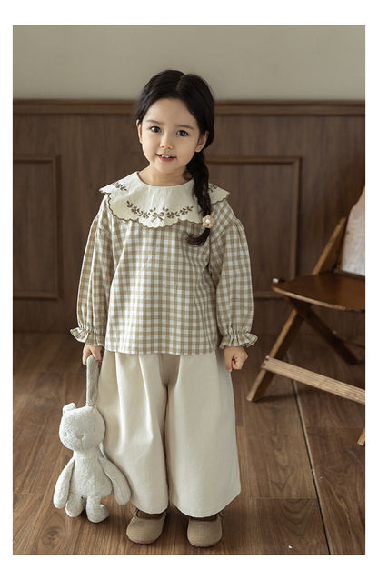 Embroidered Collar Blouse, Beige Gingham