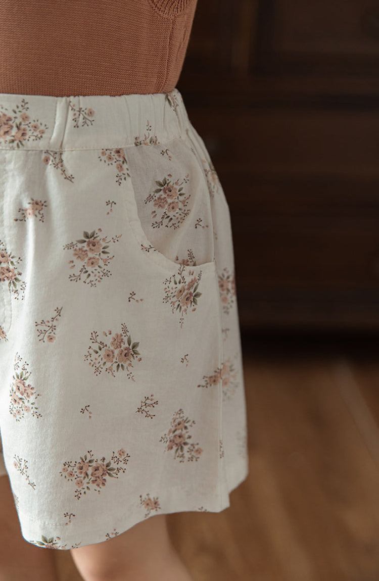 Cotton Poplin Shorts, Ivory Floral
