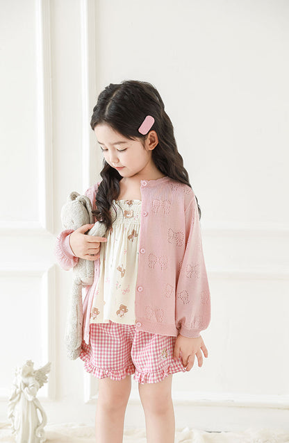 Lyocell Knit Bow Pointelle Cardigan, Blush Pink