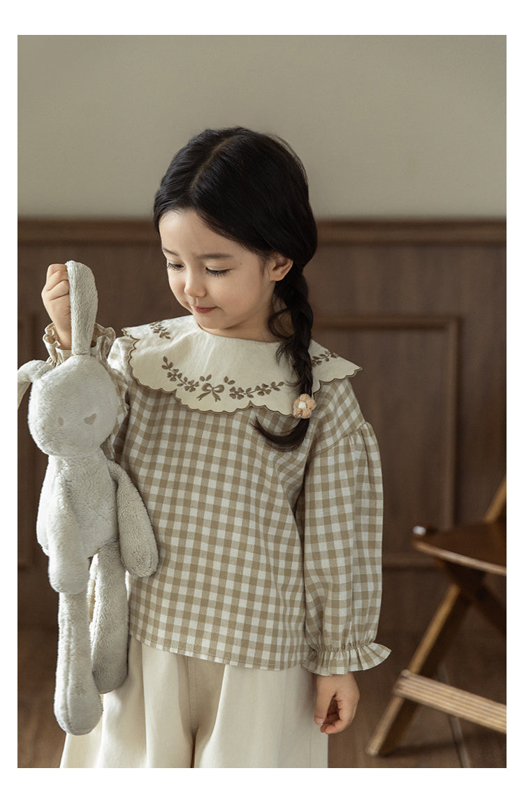 Embroidered Collar Blouse, Beige Gingham