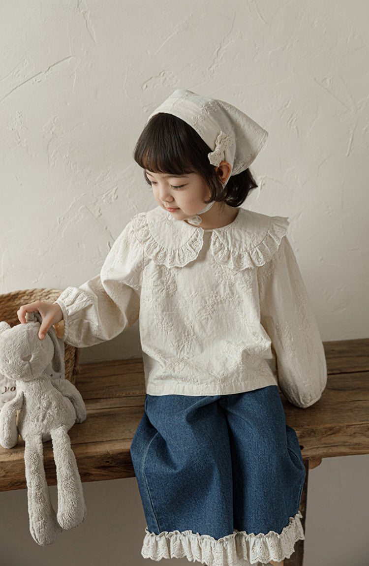 Floral Embroidered Lace Collar Blouse, Ivory