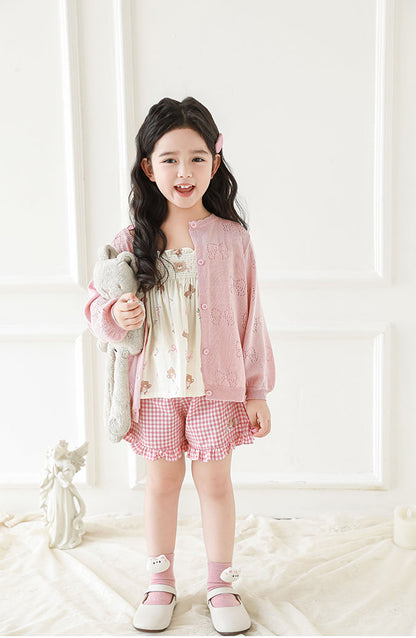 Lyocell Knit Bow Pointelle Cardigan, Blush Pink