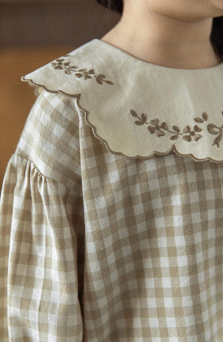 Embroidered Collar Blouse, Beige Gingham
