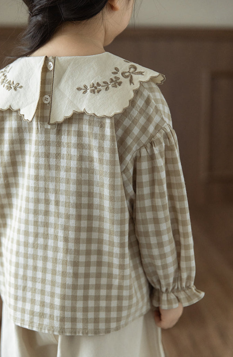 Embroidered Collar Blouse, Beige Gingham