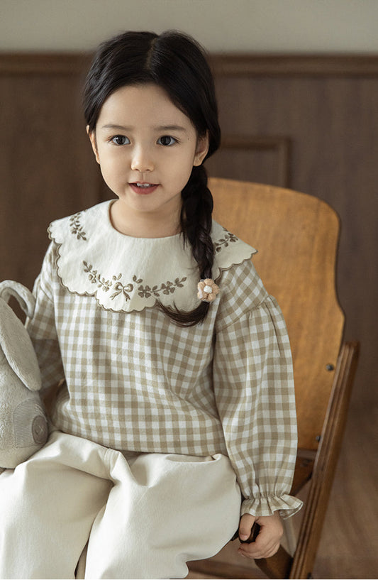 Embroidered Collar Blouse, Beige Gingham