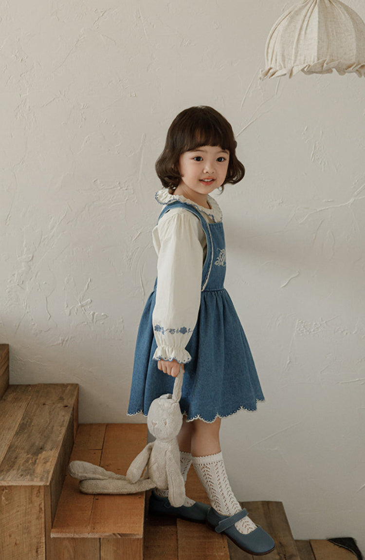 Isla Embroidered Denim Pinafore Dress, Classic Blue