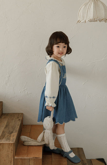 Isla Embroidered Denim Pinafore Dress, Classic Blue