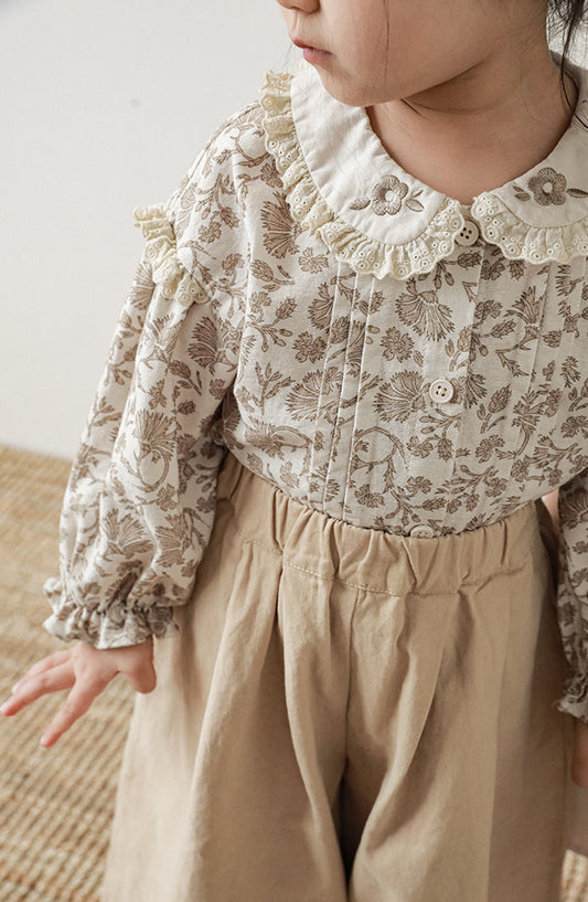 Floral Embroidered Lace Trim Blouse, Mocha Floral