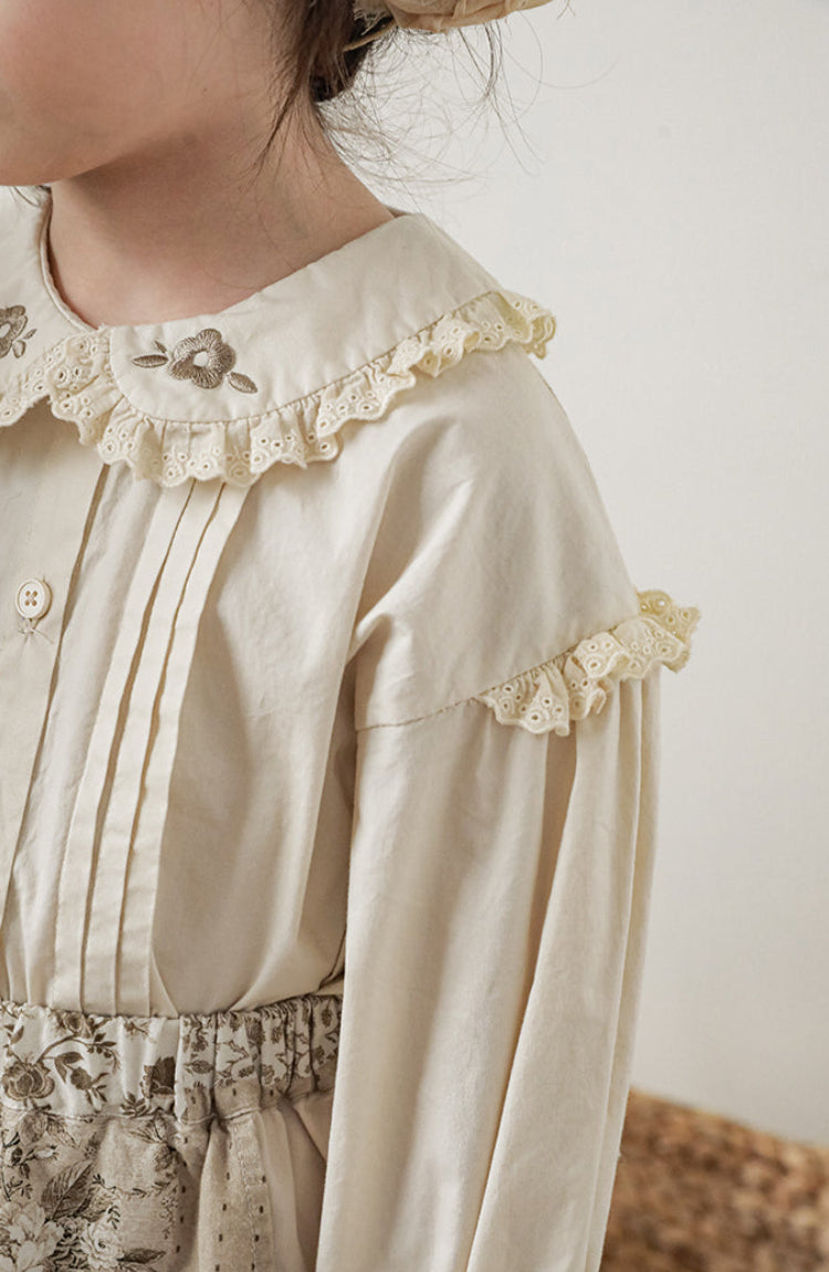 Floral Embroidered Lace Trim Blouse, Cream