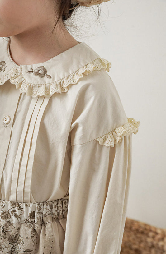 Floral Embroidered Lace Trim Blouse, Cream