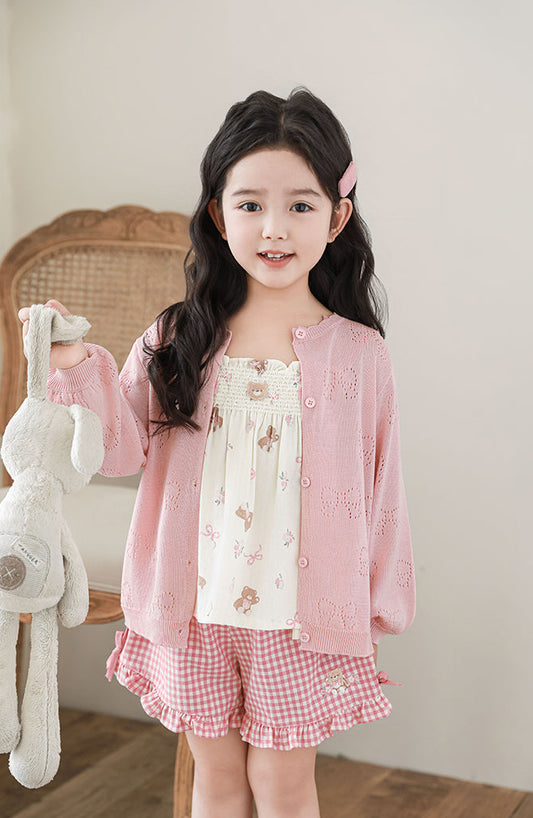 Lyocell Knit Bow Pointelle Cardigan, Blush Pink