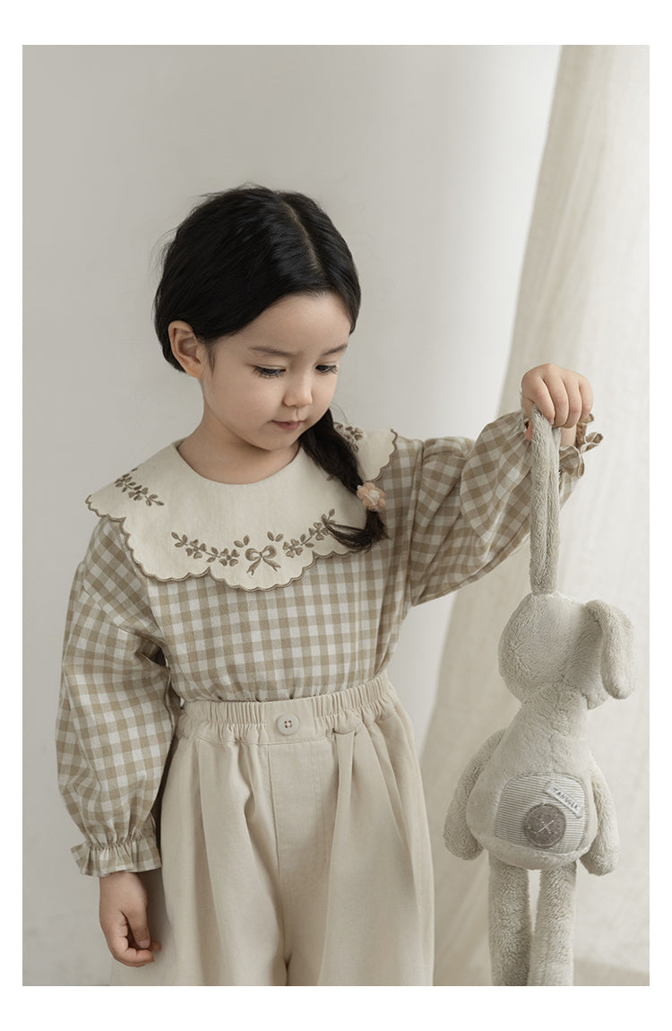 Embroidered Collar Blouse, Beige Gingham