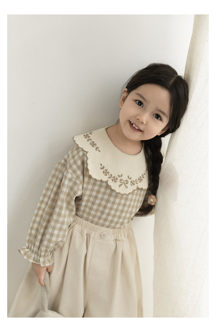 Embroidered Collar Blouse, Beige Gingham