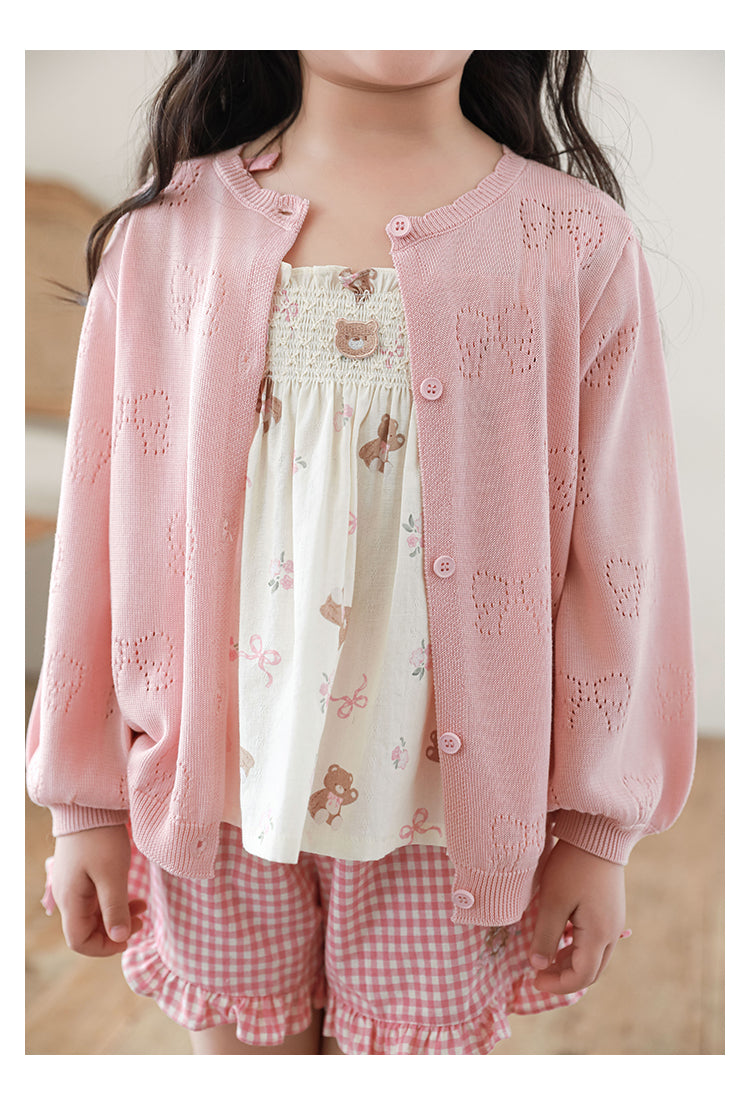 Lyocell Knit Bow Pointelle Cardigan, Blush Pink
