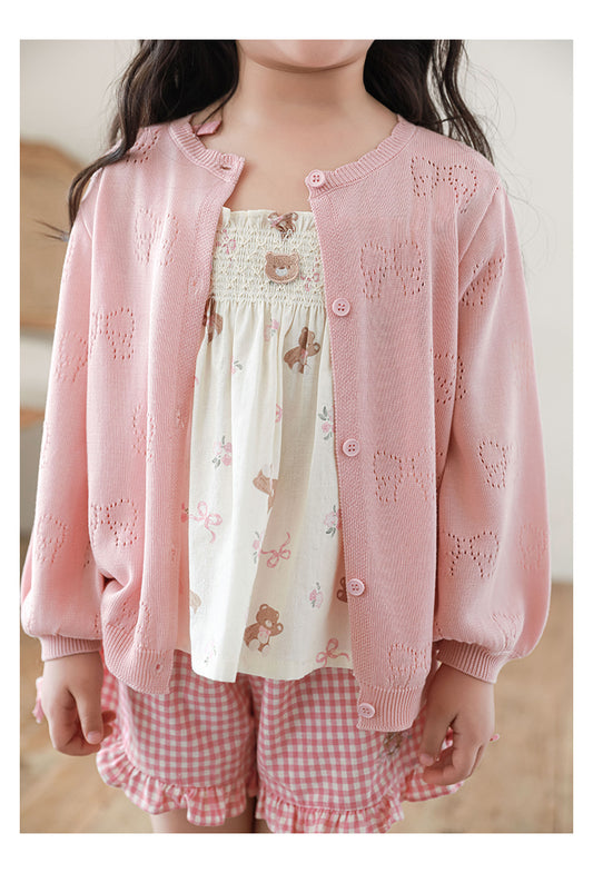 Lyocell Knit Bow Pointelle Cardigan, Blush Pink