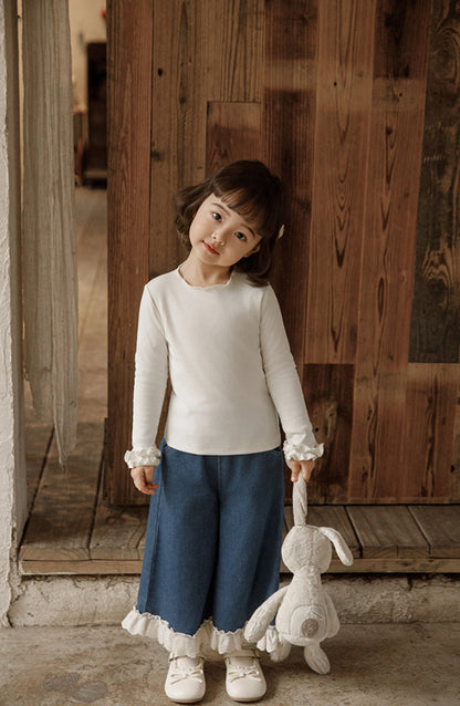 Lace Hem Ruffled Wide-Leg Jeans, Classic Blue