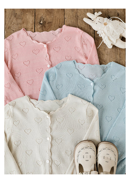 Girls lyocell heart pointelle knit cardigan for summer in 3 colours