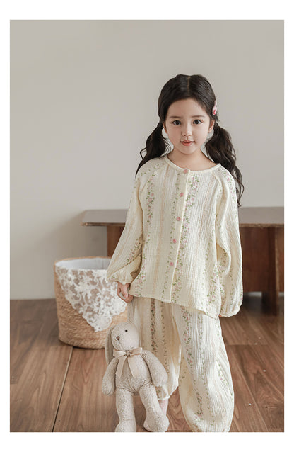 Muslin Button-Front Lounge Set, Floral Stripe