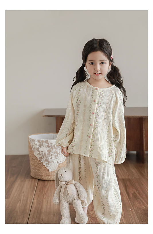Muslin Button-Front Lounge Set, Floral Stripe