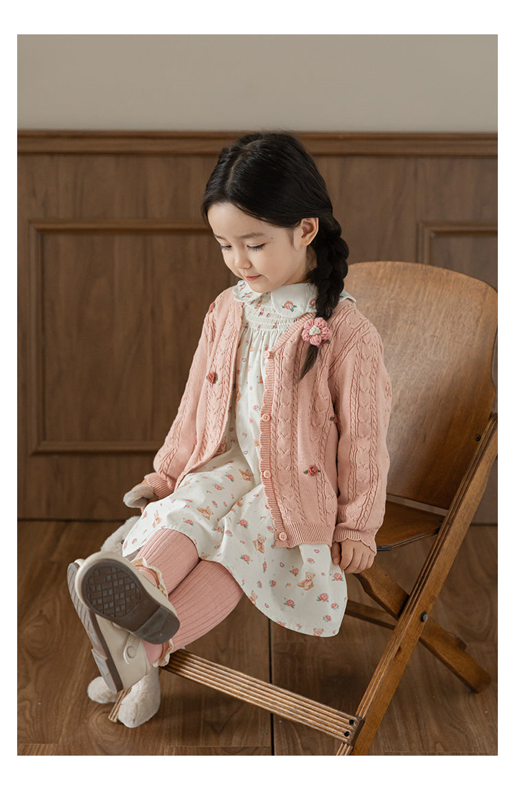Cotton Cable Knit Floral Crochet Cardigan, Dusty Rose