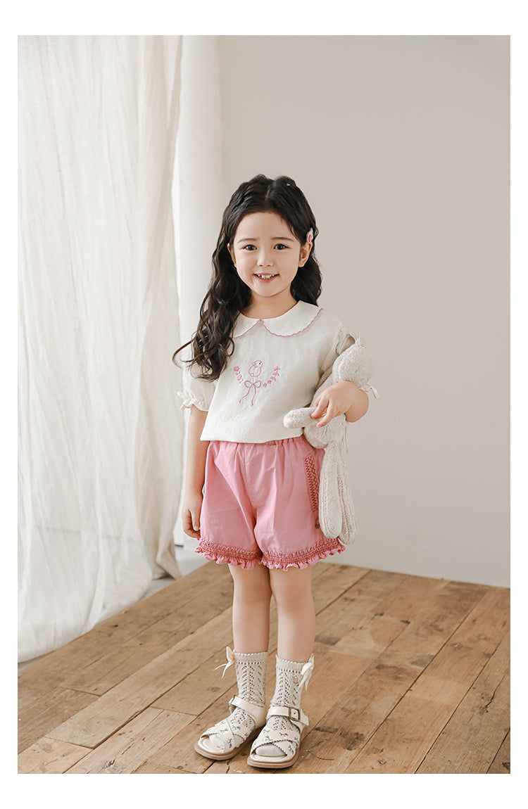 Floral Embroidered Ruffled Shorts, Rose Pink