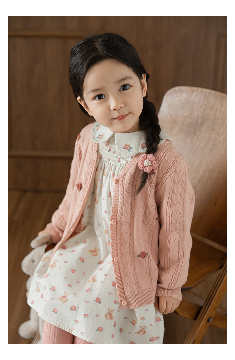 Cotton Cable Knit Floral Crochet Cardigan, Dusty Rose