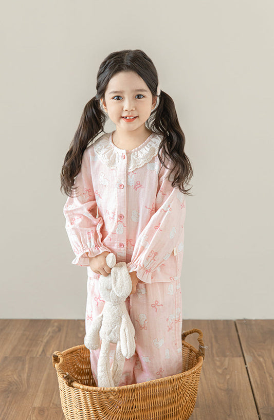 Lace Collar Button-Front Lounge Set, Blush Pink