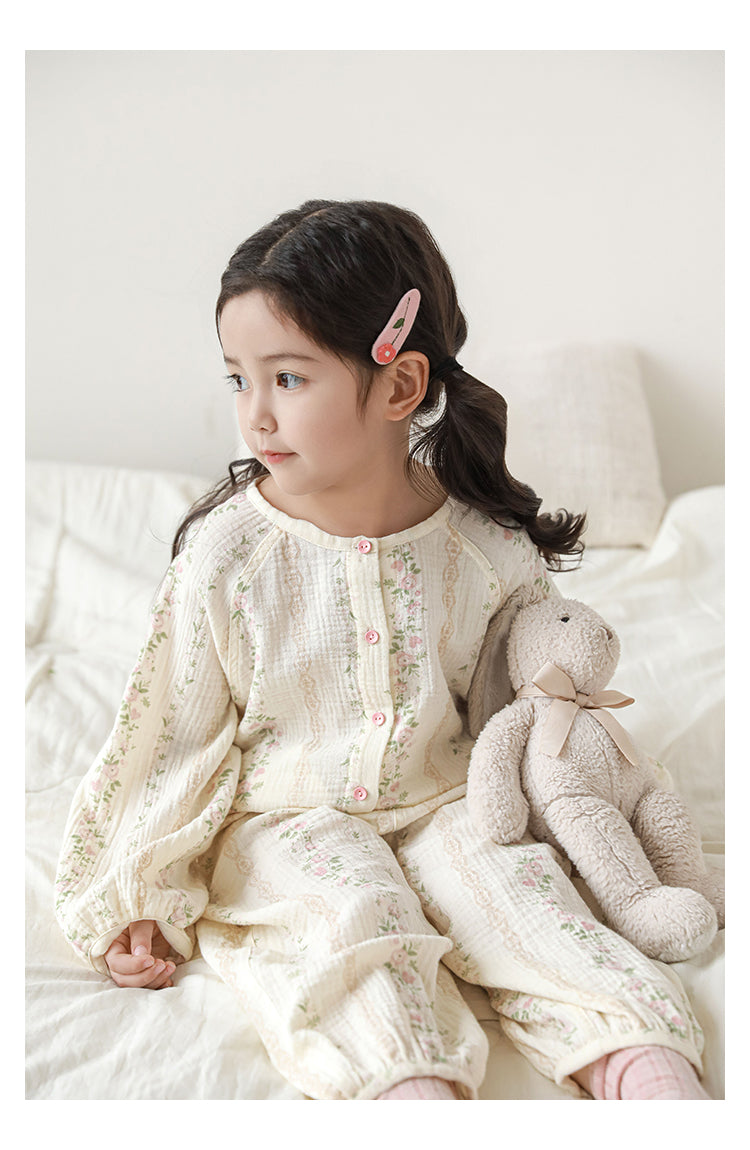 Muslin Button-Front Lounge Set, Floral Stripe