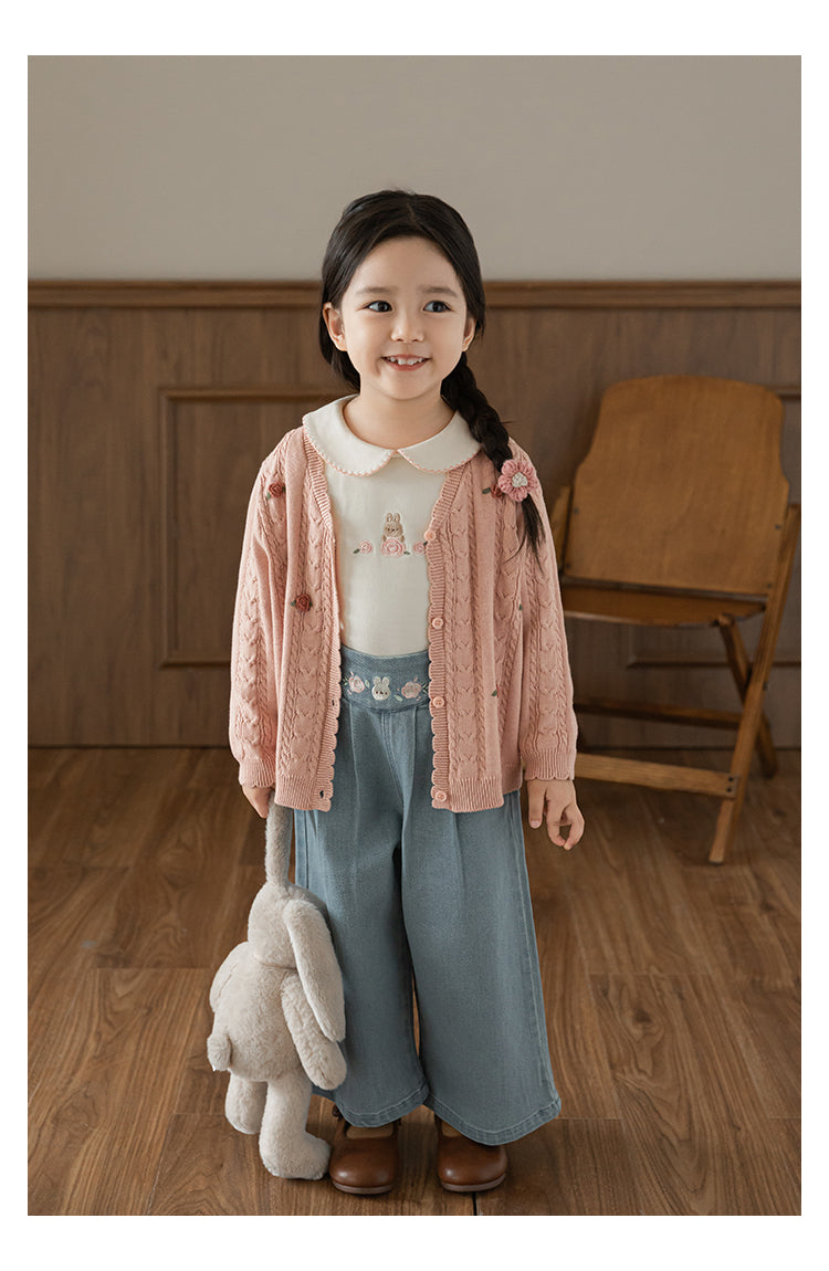 Cotton Cable Knit Floral Crochet Cardigan, Dusty Rose