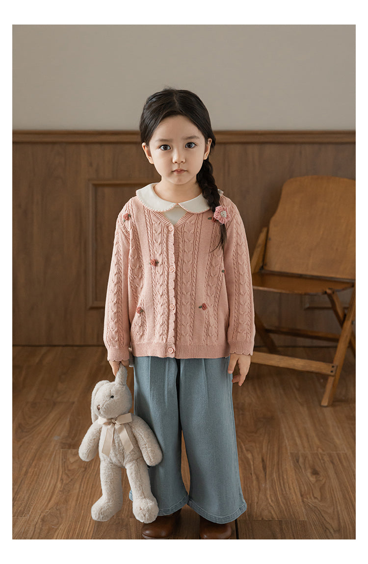 Cotton Cable Knit Floral Crochet Cardigan, Dusty Rose