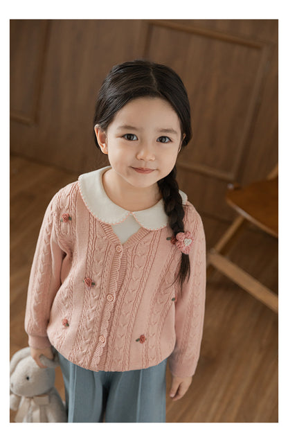 Cotton Cable Knit Floral Crochet Cardigan, Dusty Rose